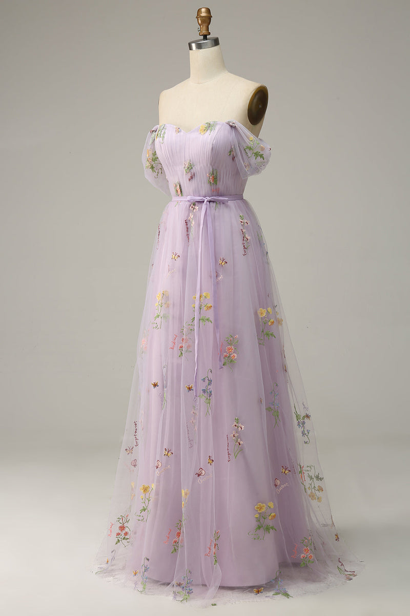 Load image into Gallery viewer, Lavender A Line Tulle Off Shoulder Formal Dress