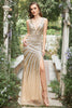Load image into Gallery viewer, Mermaid Deep V Neck Golden Long Formal Dress with Silt