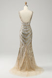 Mermaid Deep V Neck Golden Long Formal Dress with Silt