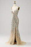 Mermaid Deep V Neck Golden Long Formal Dress with Silt