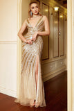 Luxurious Mermaid Deep V Neck Golden Long Formal Dress with Silt