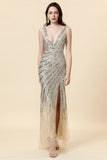 Sheath Deep V Neck Golden Beaded Evening Wear with Silt