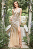 Load image into Gallery viewer, Mermaid Deep V Neck Golden Beading Long Formal Dress with Split Front