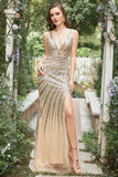 Mermaid Deep V Neck Golden Beading Long Formal Dress with Split Front