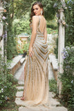 Mermaid Deep V Neck Golden Beading Long Formal Dress with Split Front