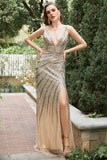 Mermaid Deep V Neck Golden Beading Long Formal Dress with Split Front