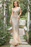 Mermaid Deep V Neck Golden Beading Long Formal Dress with Split Front