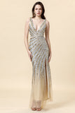 Sheath Deep V Neck Golden Beaded Evening Wear with Silt