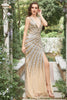 Load image into Gallery viewer, Mermaid Deep V Neck Golden Beading Long Formal Dress with Split Front