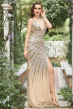 Mermaid Deep V Neck Golden Beading Long Formal Dress with Split Front