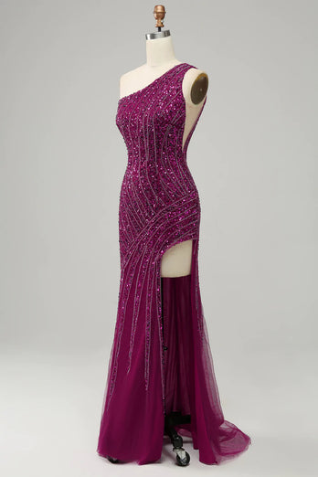 One Shoulder Sequin Formal Dress with Slit