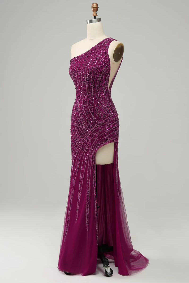 Load image into Gallery viewer, One Shoulder Sequin Formal Dress with Slit