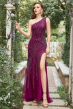 Mermaid One Shoulder Dark Purple Beaded Long Formal Dress with Slit