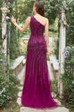 Mermaid One Shoulder Dark Purple Beaded Long Formal Dress with Slit