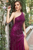 Load image into Gallery viewer, Mermaid One Shoulder Dark Purple Beaded Long Formal Dress with Slit