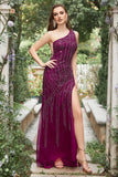 Mermaid One Shoulder Dark Purple Beaded Long Formal Dress with Slit