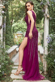 Mermaid One Shoulder Dark Purple Beaded Long Formal Dress with Slit