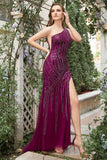 Mermaid One Shoulder Dark Purple Beaded Long Formal Dress with Slit