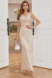 Sheath V Neck Light Khaki Mermaid Formal Dress with Beading