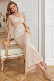 Sheath V Neck Light Khaki Mermaid Formal Dress with Beading