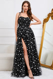 Tulle A-Line Spaghetti Straps Black Long Formal Dress with Stars