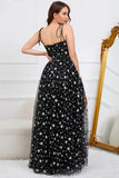 Tulle A-Line Spaghetti Straps Black Long Formal Dress with Stars