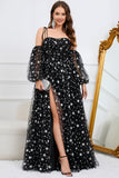 Tulle A-Line Spaghetti Straps Black Long Formal Dress with Stars