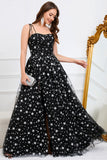 Tulle A-Line Spaghetti Straps Black Long Formal Dress with Stars