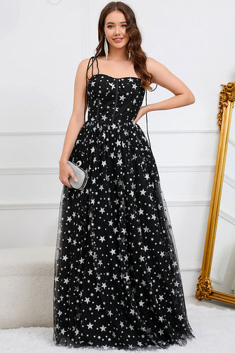 Tulle A-Line Spaghetti Straps Black Long Formal Dress with Stars