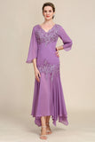 Grey Purple Mermaid Chiffon Mother of the Bride Dress with Lace