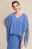 Grey Blue Sparkly Beaded Batwing Sleeves Mother of the Bride Dress