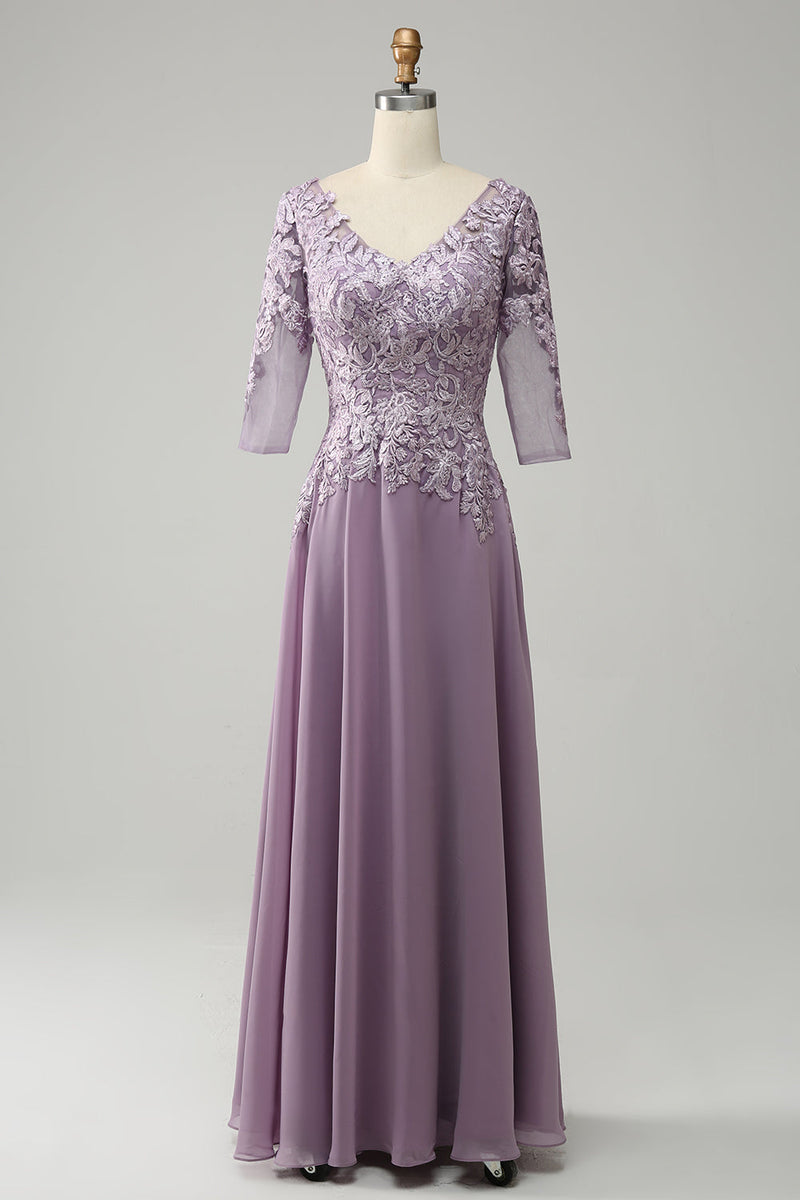 Load image into Gallery viewer, Grey Purple Chiffon Mother of the Bride Dress with Lace