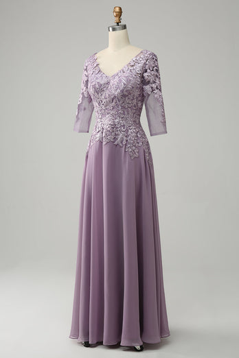 Grey Purple Chiffon Mother of the Bride Dress with Lace
