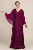 Burgundy Batwing Sleeves Beaded Mother of the Bride Dress