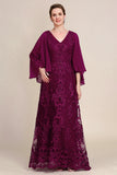 Burgundy Batwing Sleeves Beaded Mother of the Bride Dress