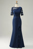 Load image into Gallery viewer, Navy Sheath Mother of Bride Dress with Appliques