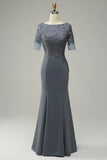 Grey Chiffon Appliques Mother of Bride Dress