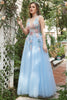 Load image into Gallery viewer, A Line Deep V Neck Light Blue Long Formal Dresses with Appliques