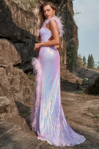 Mermaid Sweetheart Purple Sequins Long Formal Dress with Feather