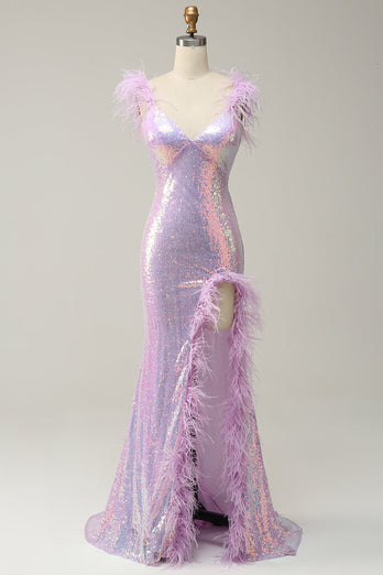 Mermaid Sweetheart Purple Sequins Long Formal Dress with Feather