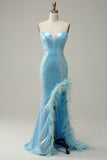 Mermaid Sweetheart Light Blue Sequins Long Formal Dress with Feather