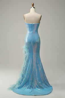 Mermaid Sweetheart Light Blue Sequins Long Formal Dress with Feather