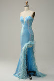 Mermaid Sweetheart Light Blue Sequins Long Formal Dress with Feather