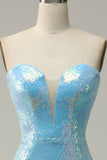 Mermaid Sweetheart Light Blue Sequins Long Formal Dress with Feather