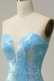 Mermaid Sweetheart Light Blue Sequins Long Formal Dress with Feather