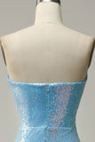 Mermaid Sweetheart Light Blue Sequins Long Formal Dress with Feather