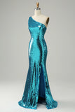 Sparkly Blue Sequins One Shoulder Long Formal Dress with Slit