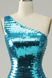 Sparkly Blue Sequins One Shoulder Long Formal Dress with Slit