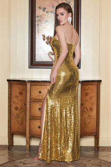 One Shoulder Gold Sequin Formal Dress with Slit