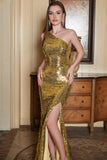 One Shoulder Gold Sequin Formal Dress with Slit